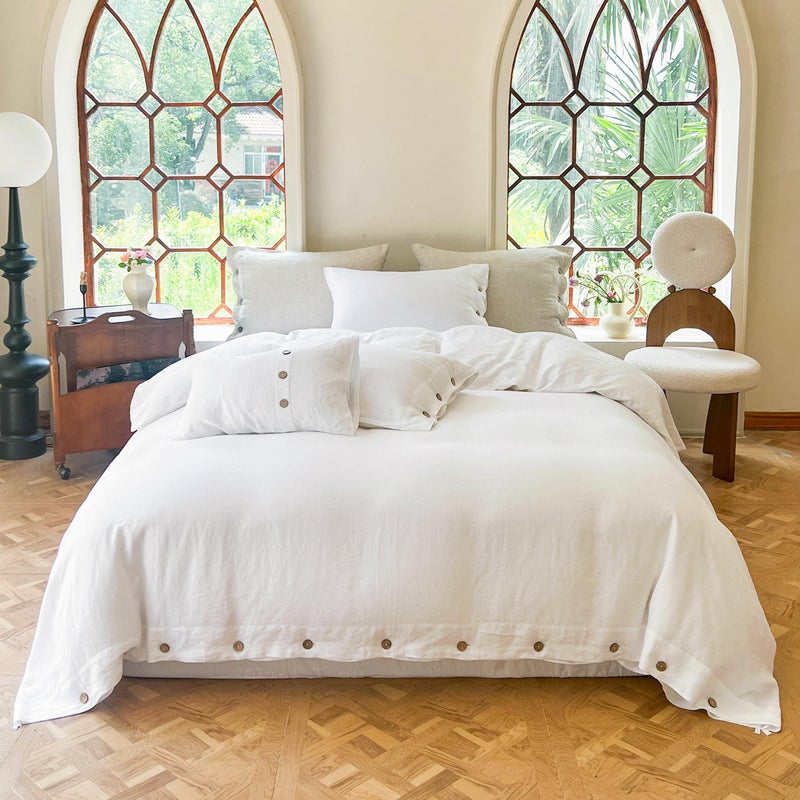 Simple&Opulence 100% Linen Duvet Cover Set 3pcs with Coconut Button Closure Natural French Washed Flax Solid Color Soft Breathable Farmhouse Bedding - White, King Size - Image 1